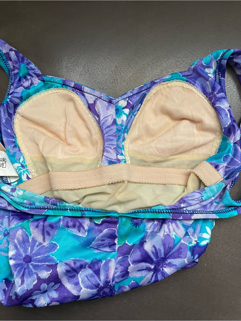 Vintage Le Cove One Piece Swimsuit Size 8 Floral Ruched Purple Teal Blue Retro - Picture 5 of 8